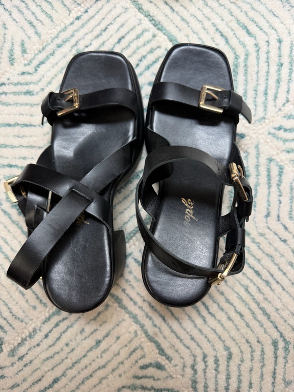 Free People Black Leather Buckle Strap Chunky Heels